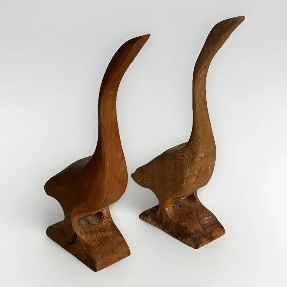 Pair Of Vintage Mid Century Modern Wooden Hand Carved Bird Crane Goose Set